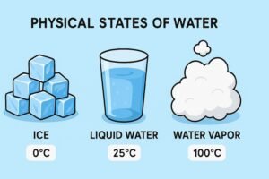 image beautifully showing physical state of water at o degree, 25 degree and 100 degree